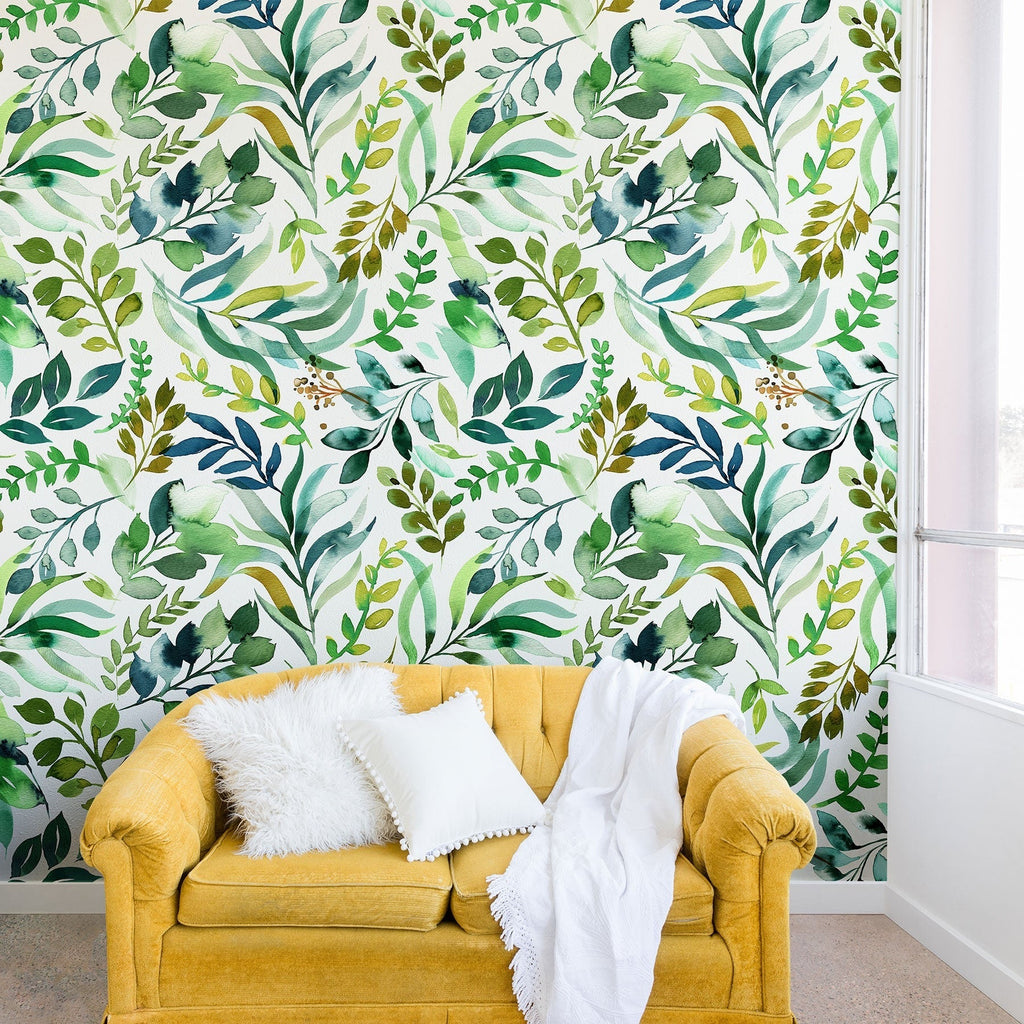 Ninola Design Botanic Retreat Loose Botanical Leaves Watercolor Green Wall Mural