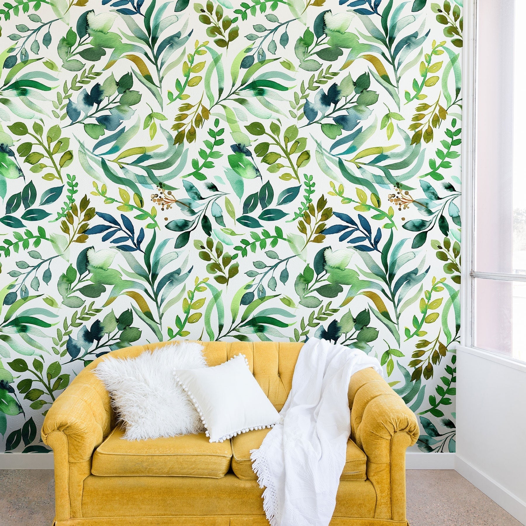 Ninola Design Botanic Retreat Loose Botanical Leaves Watercolor Green Wall Mural