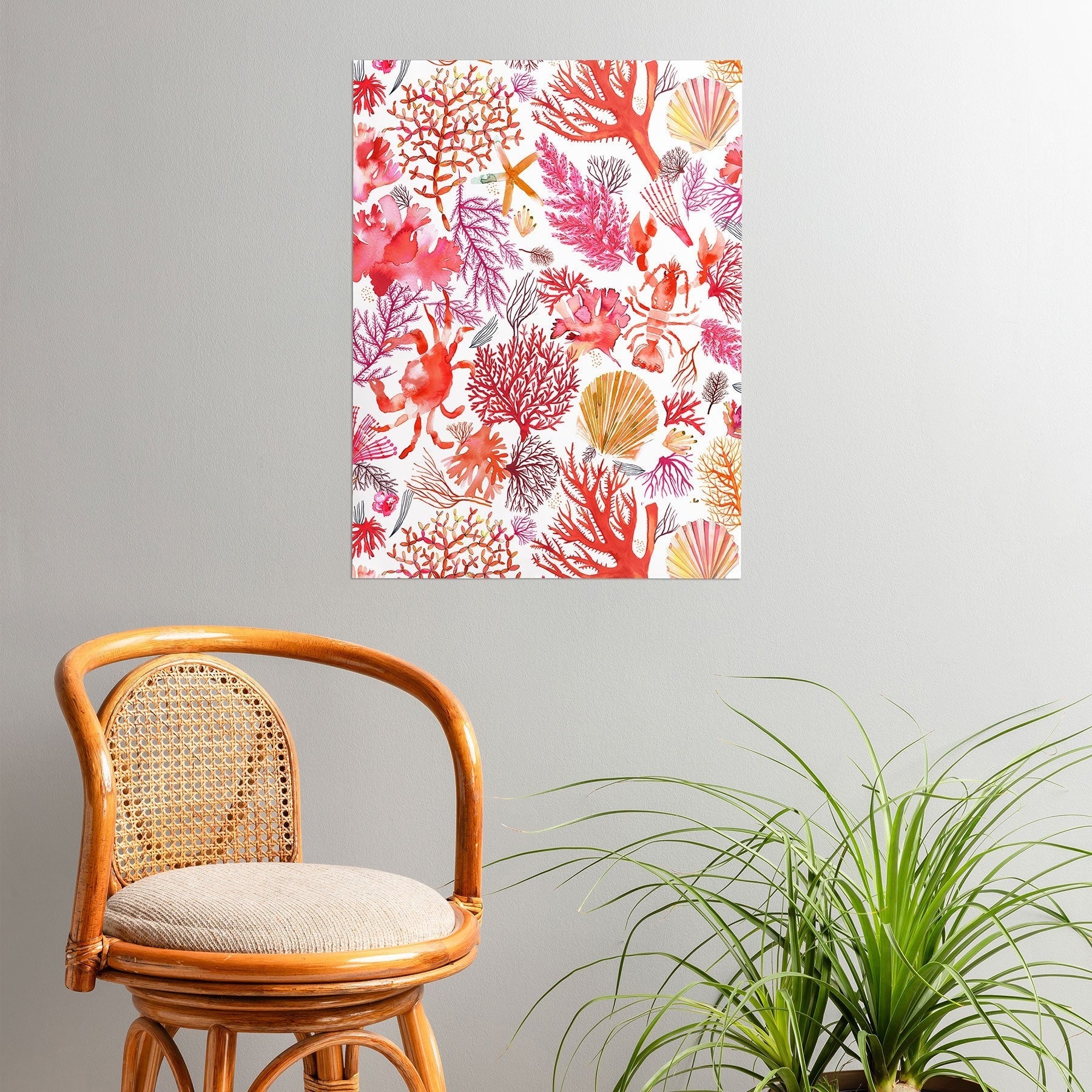 Ninola Design Botanic Retreat Coral Reef Crab Lobster Red Poster
