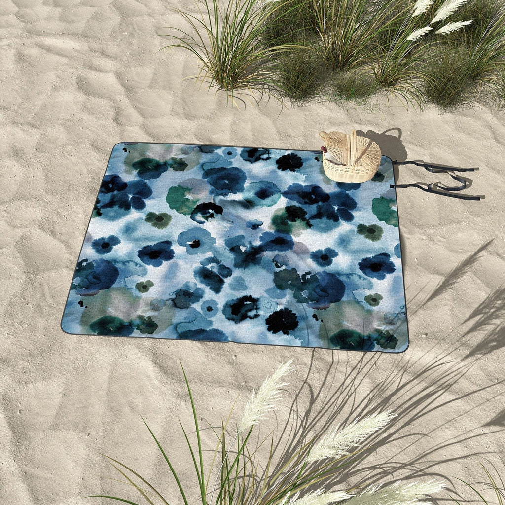 Ninola Design Botanic Retreat Ombre Abstract Watercolor Flowers Blue Navy Picnic Blanket