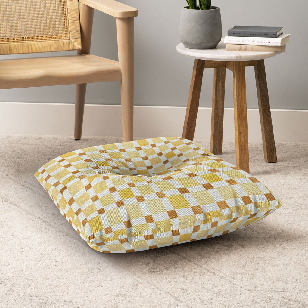 Ninola Design Everyday Artifact Checker Mosaic Tiles Geometry Yellow Floor Pillow Square