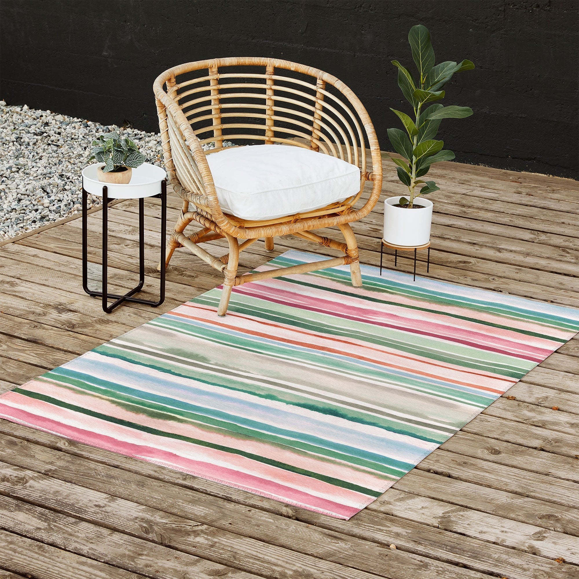 Ninola Design Botanic Retreat Watercolor Stripes Green Orange Red Outdoor Rug