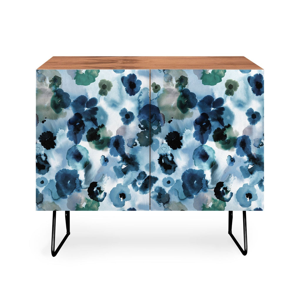 Ninola Design Botanic Retreat Ombre Abstract Watercolor Flowers Blue Navy Credenza