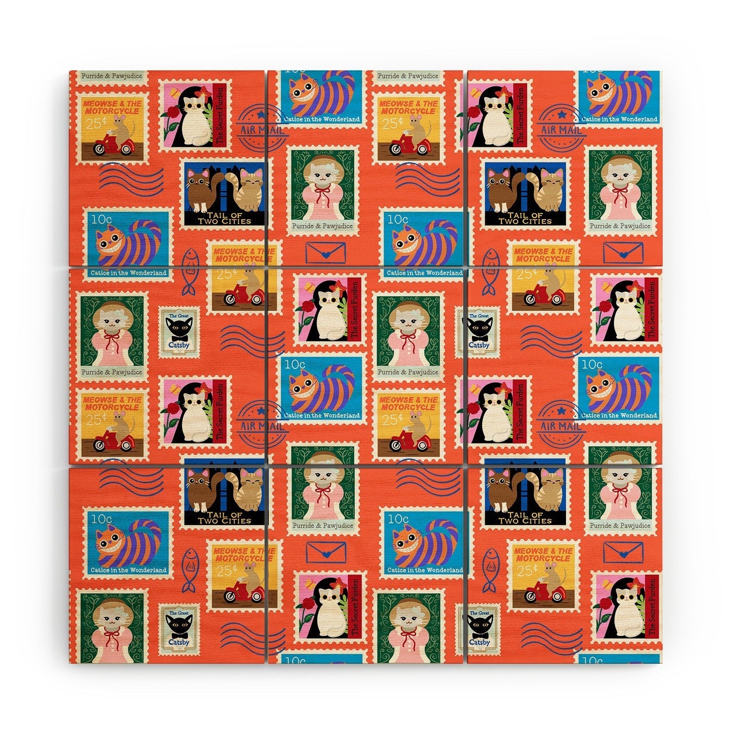 Design by Spark Classic Book Cat Stamps Wood Wall Mural