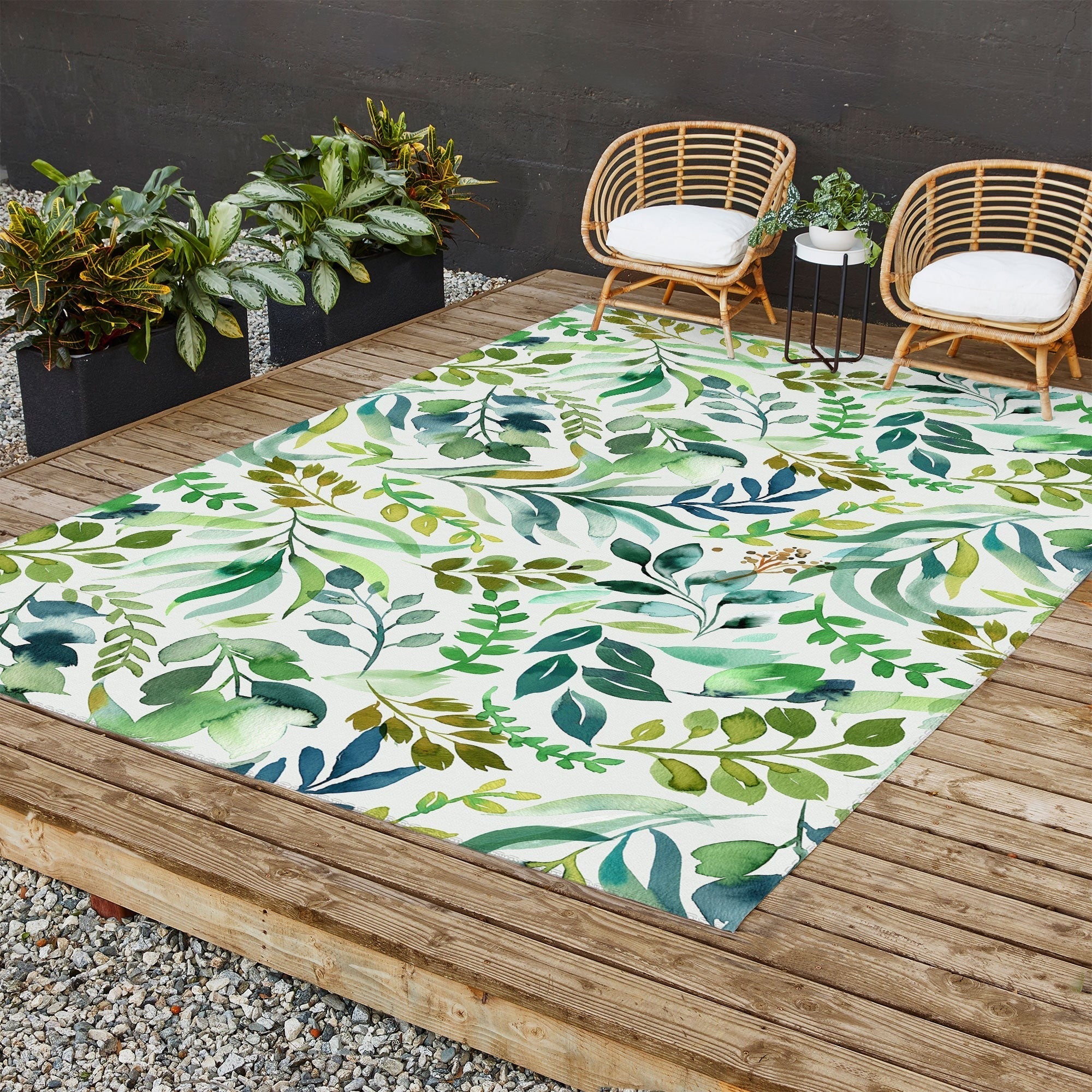 Ninola Design Botanic Retreat Loose Botanical Leaves Watercolor Green Outdoor Rug