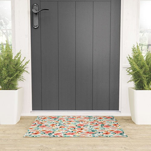 Ninola Design Botanic Retreat Tropical Whimsical Flowers Coral Green Welcome Mat