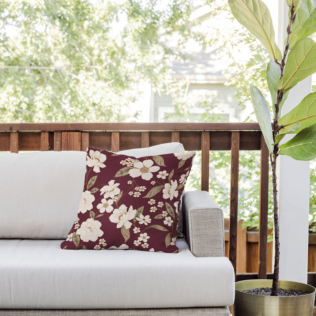 Gabriela Fuente Burgundy Floral Roberta Outdoor Throw Pillow
