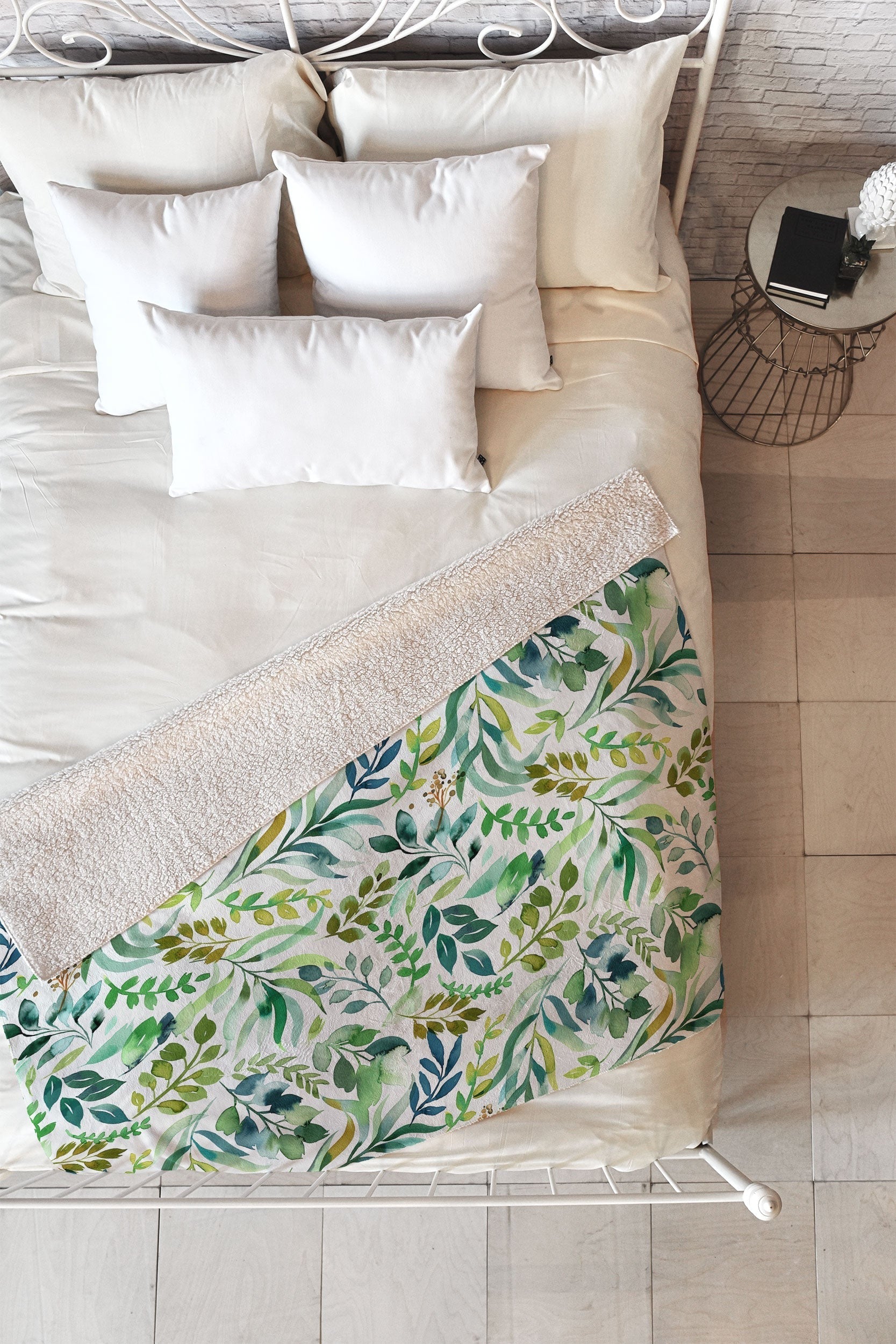 Ninola Design Botanic Retreat Loose Botanical Leaves Watercolor Green Fleece Throw Blanket