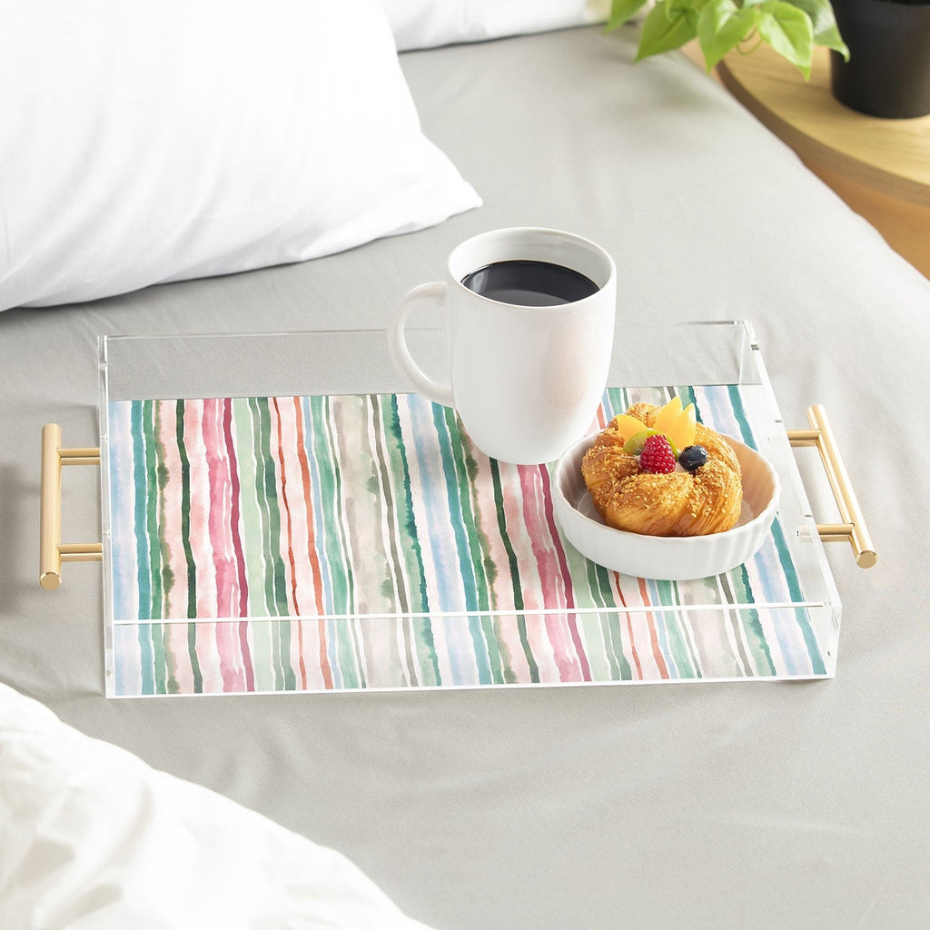 Ninola Design Botanic Retreat Watercolor Stripes Green Orange Red Acrylic Tray