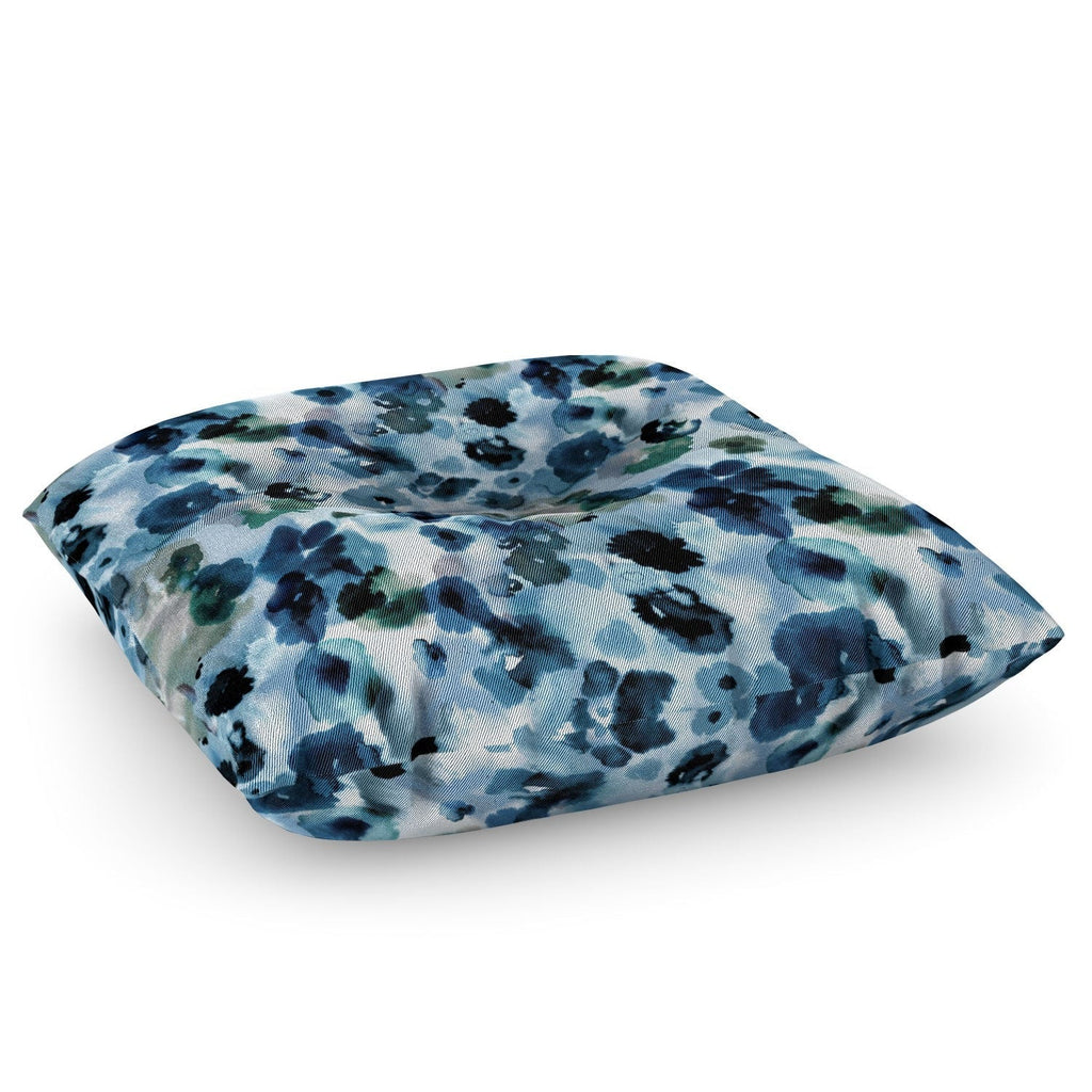Ninola Design Botanic Retreat Ombre Abstract Watercolor Flowers Blue Navy Floor Pillow Square