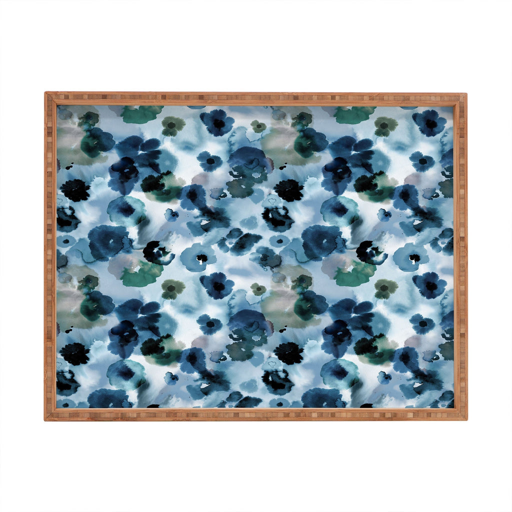 Ninola Design Botanic Retreat Ombre Abstract Watercolor Flowers Blue Navy Rectangular Tray