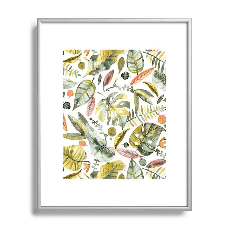 Ninola Design Botanic Retreat Tropical Jungle Leaves Botanical Green Orange Metal Framed Art Print