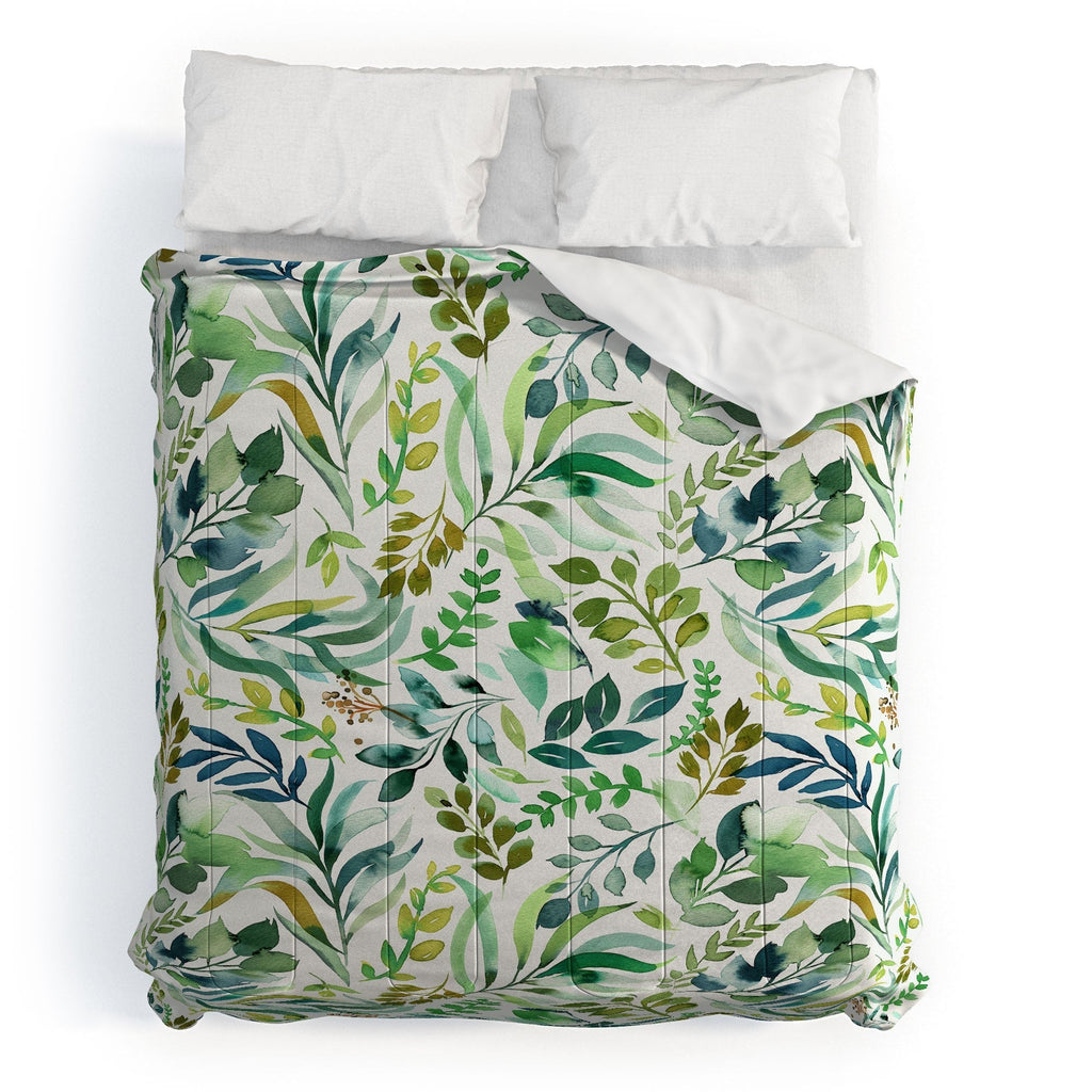 Ninola Design Botanic Retreat Loose Botanical Leaves Watercolor Green Comforter