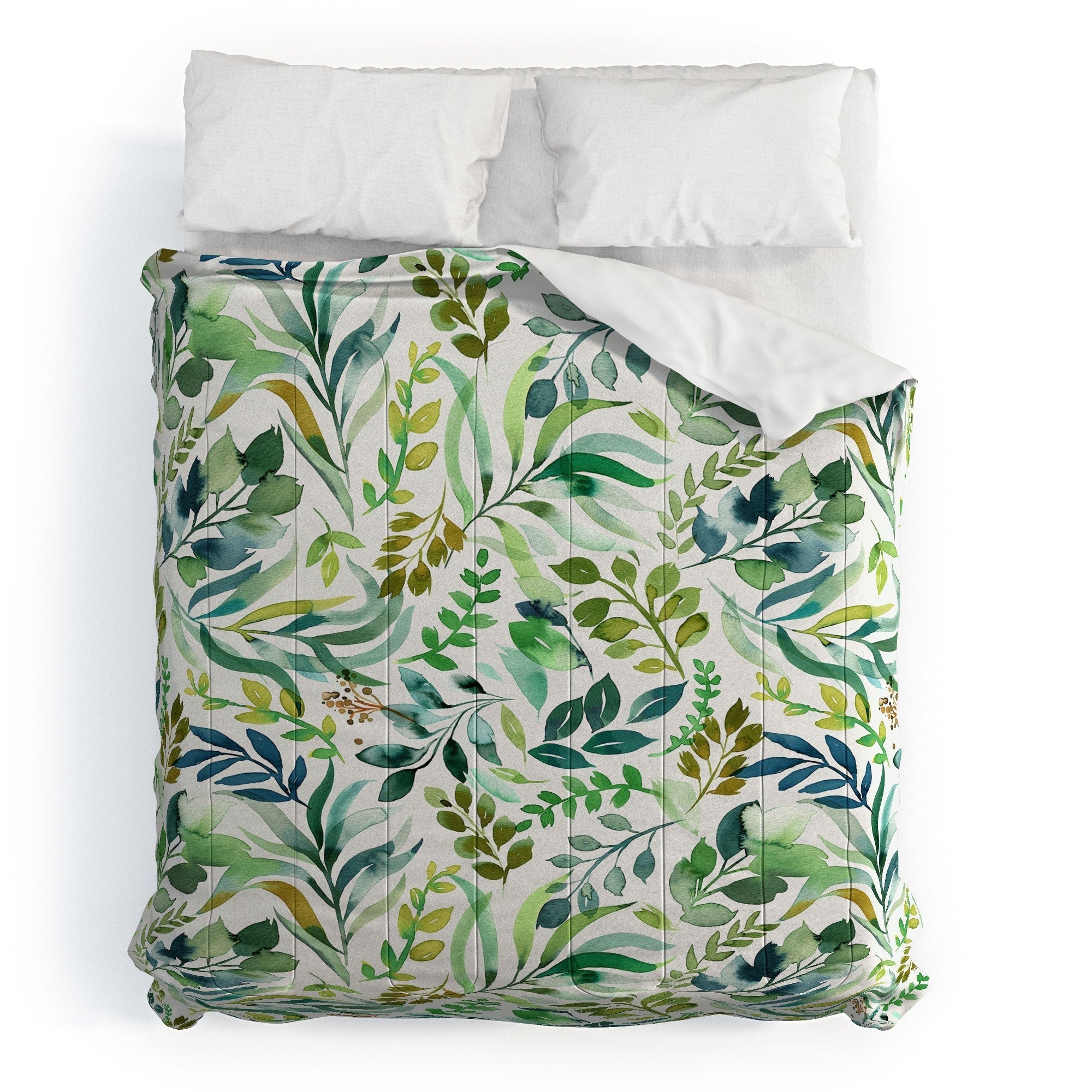 Ninola Design Botanic Retreat Loose Botanical Leaves Watercolor Green Comforter