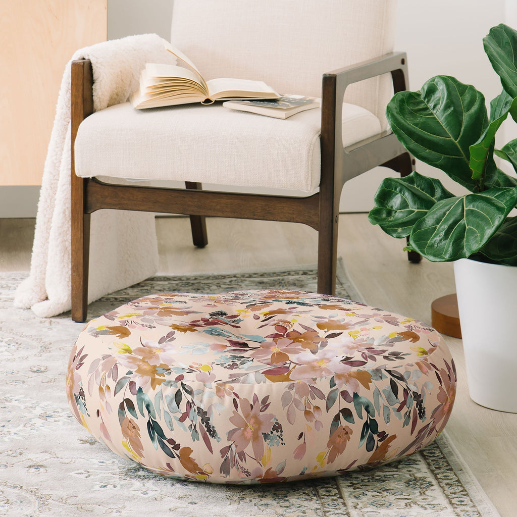 Ninola Design Botanic Retreat Floral Oleander Whimsical Soft Pink Floor Pillow Round