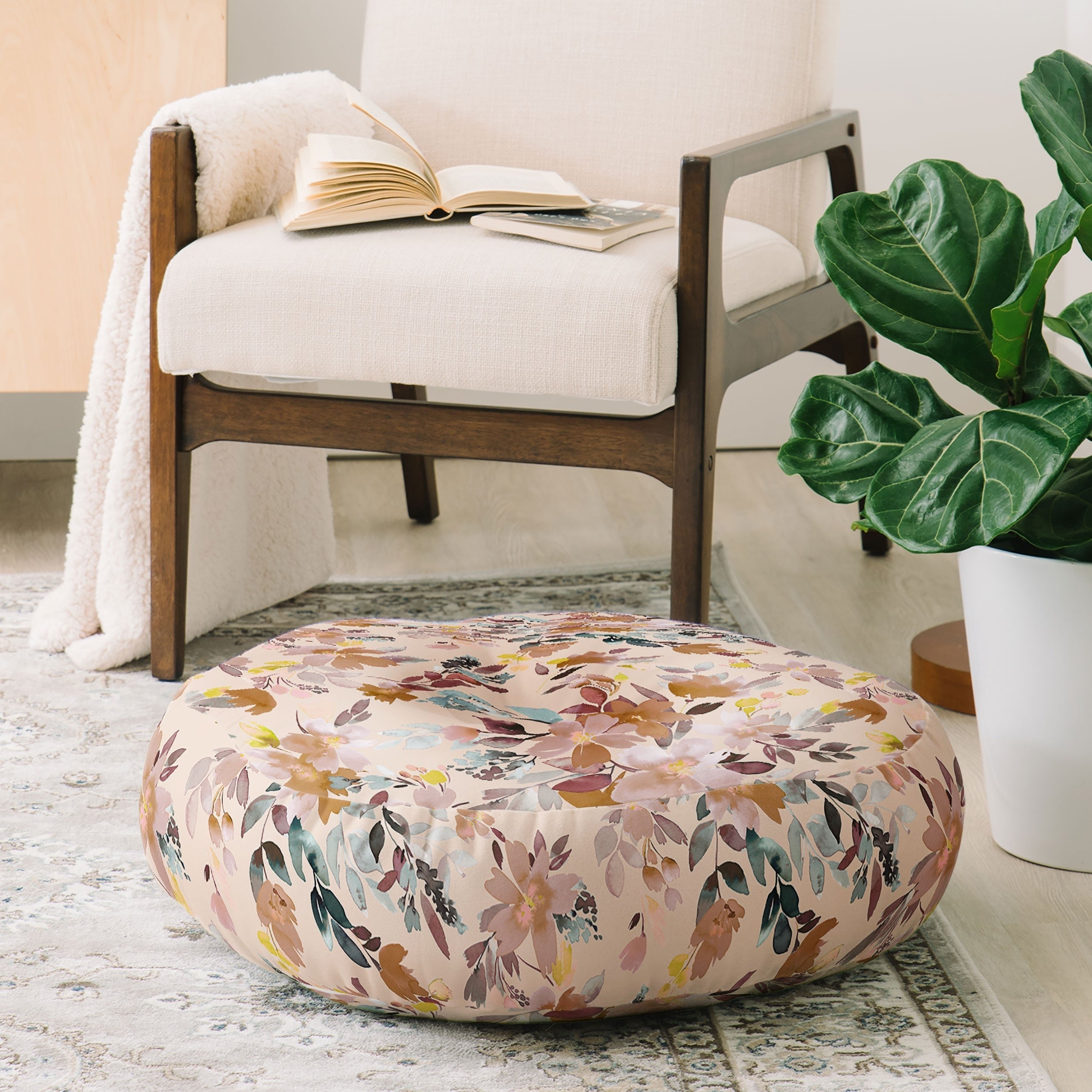 Ninola Design Botanic Retreat Floral Oleander Whimsical Soft Pink Floor Pillow Round