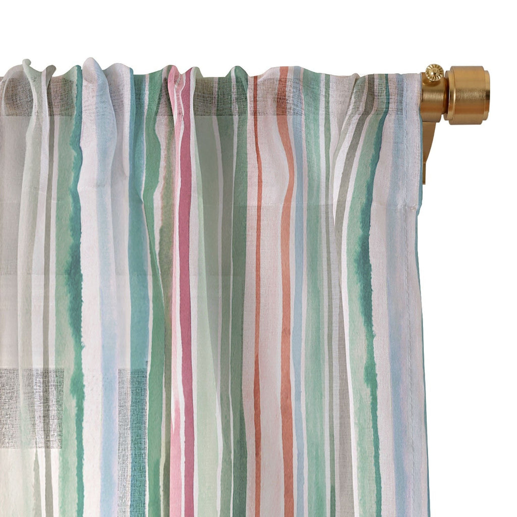 Ninola Design Botanic Retreat Watercolor Stripes Green Orange Red Sheer Window Curtain