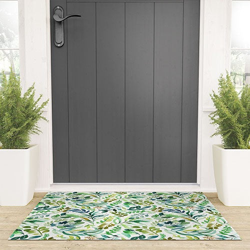 Ninola Design Botanic Retreat Loose Botanical Leaves Watercolor Green Welcome Mat