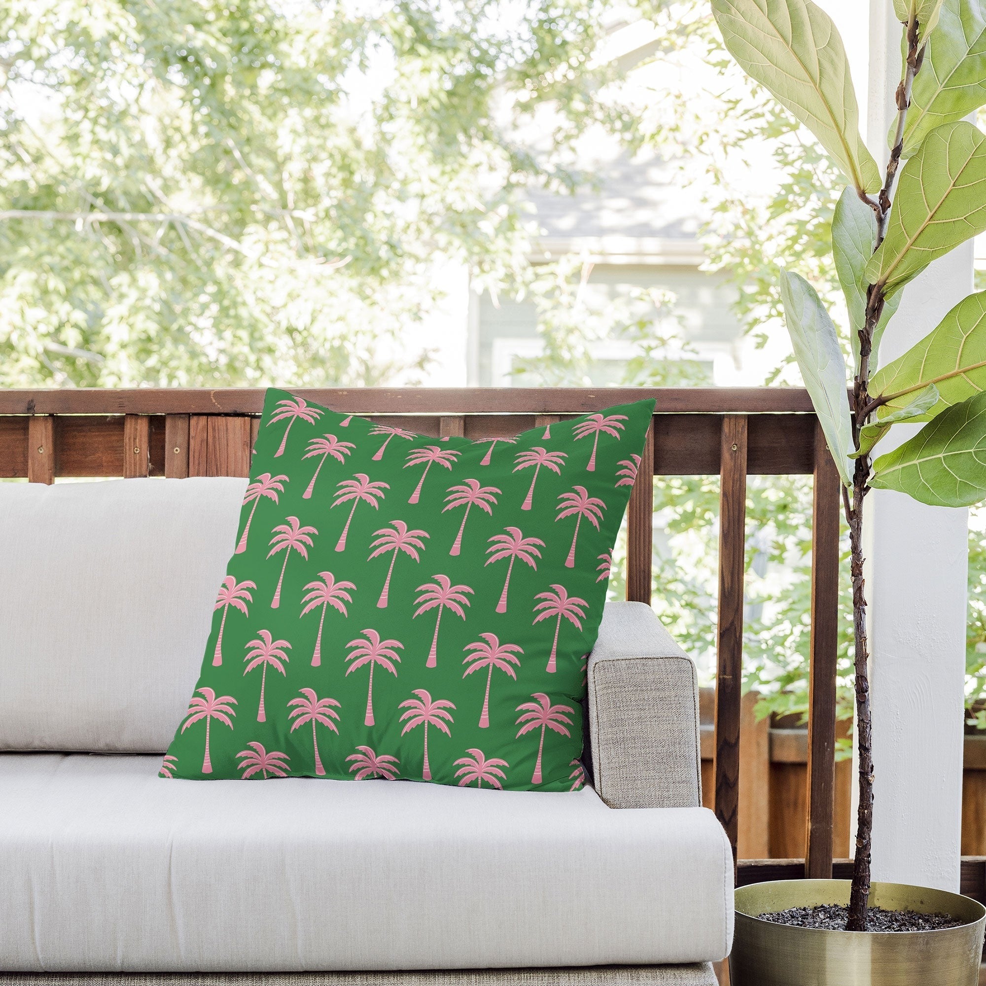 Design by Spark Pink Palm Tree Oasis Outdoor Throw Pillow