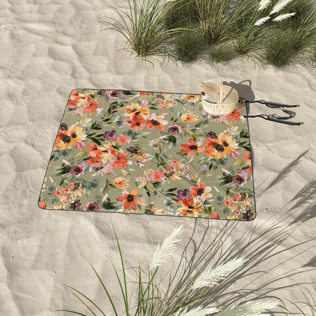Ninola Design Botanic Retreat Painterly Tropical Flowers Sage Green Picnic Blanket