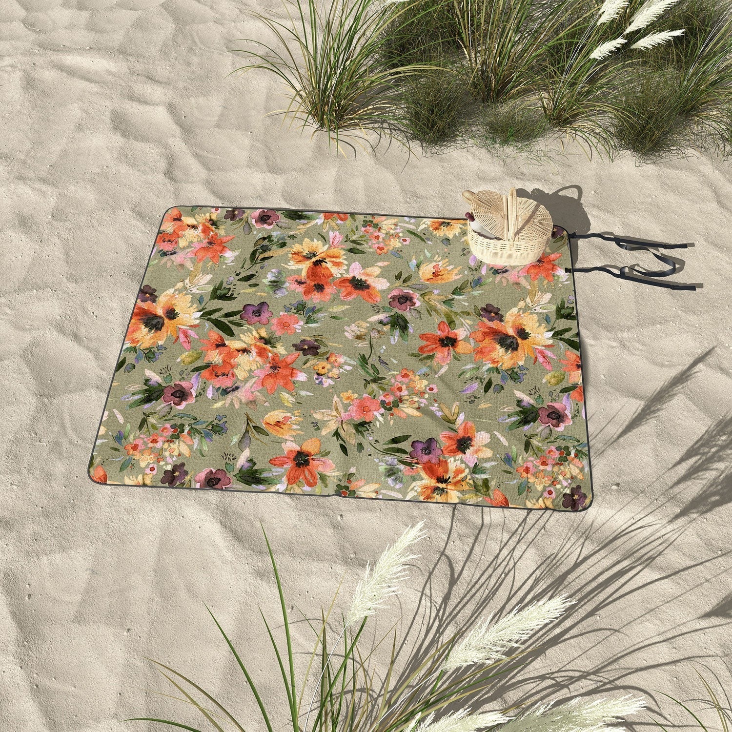 Ninola Design Botanic Retreat Painterly Tropical Flowers Sage Green Picnic Blanket