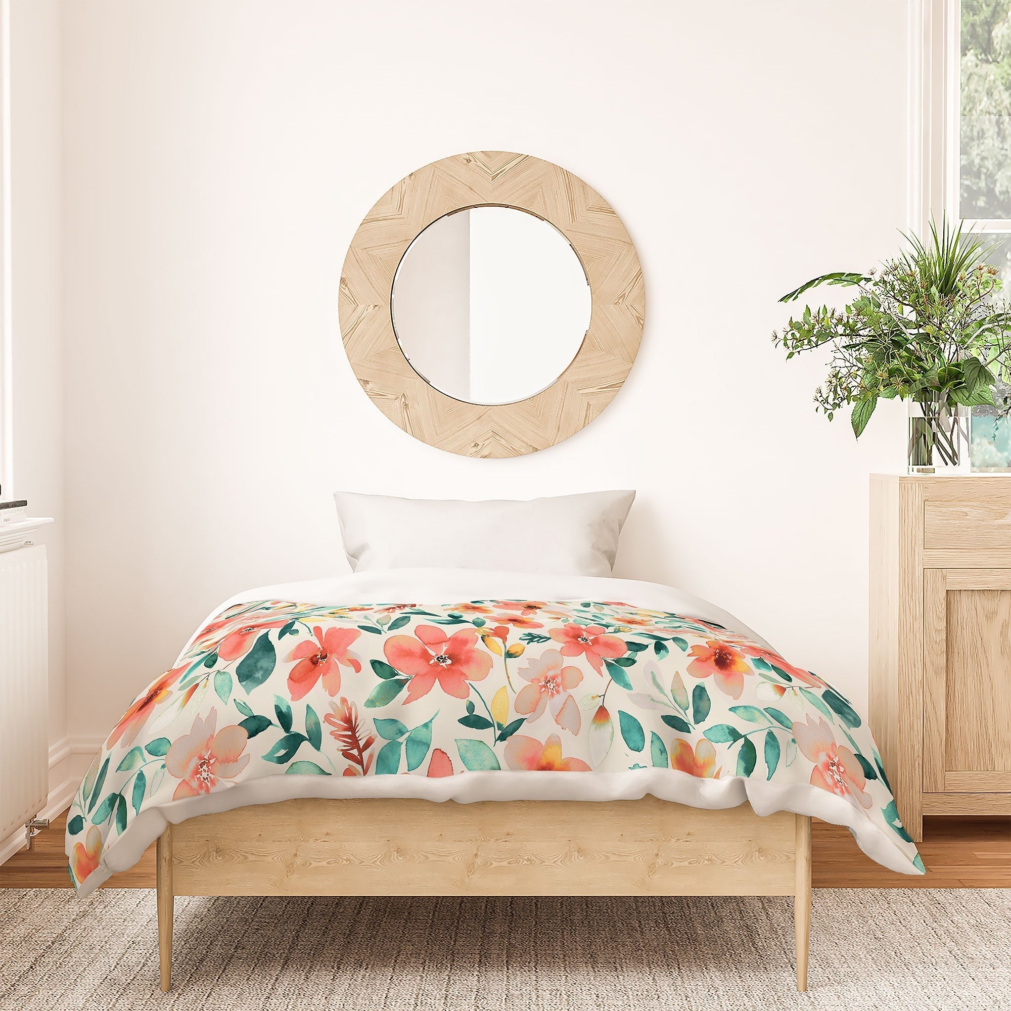 Ninola Design Botanic Retreat Tropical Whimsical Flowers Coral Green Duvet Cover