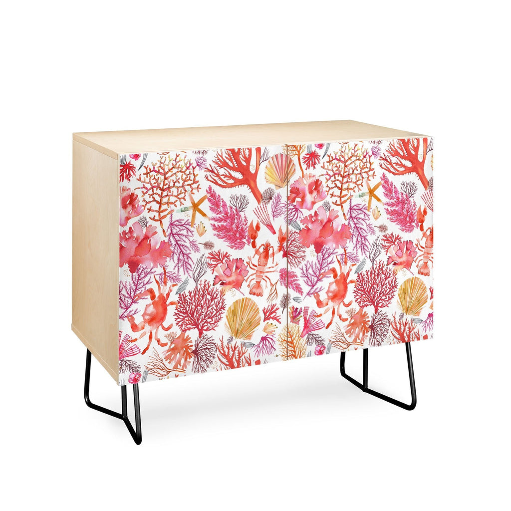 Ninola Design Botanic Retreat Coral Reef Crab Lobster Red Credenza