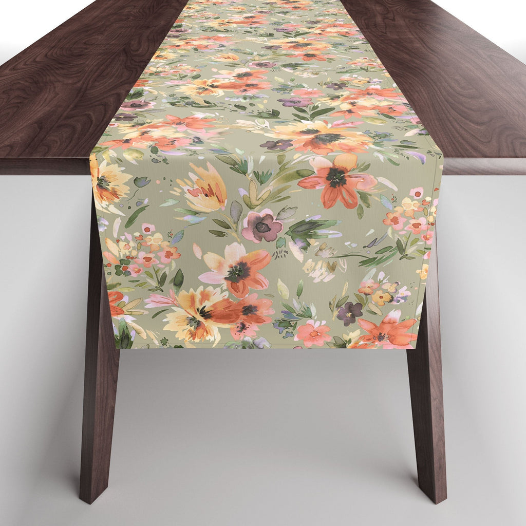 Ninola Design Botanic Retreat Painterly Tropical Flowers Sage Green Table Runner