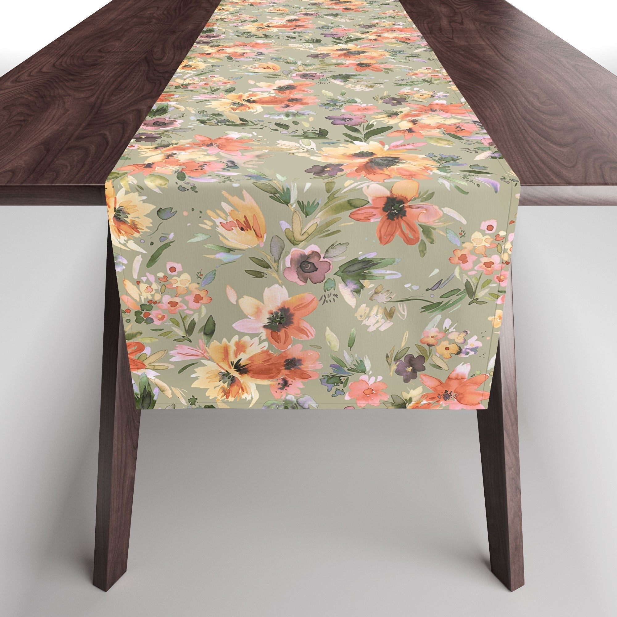 Ninola Design Botanic Retreat Painterly Tropical Flowers Sage Green Table Runner