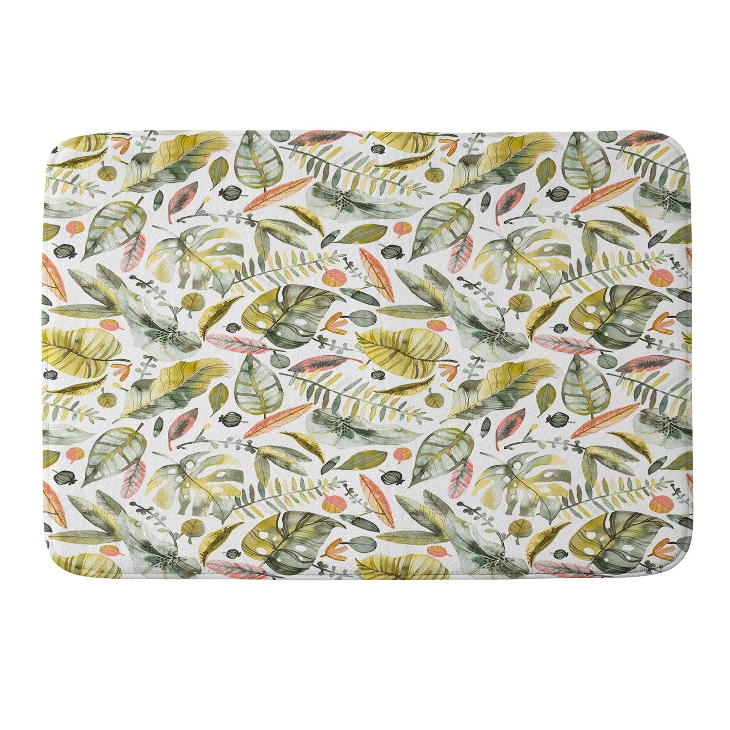 Ninola Design Botanic Retreat Tropical Jungle Leaves Botanical Green Orange Memory Foam Bath Mat