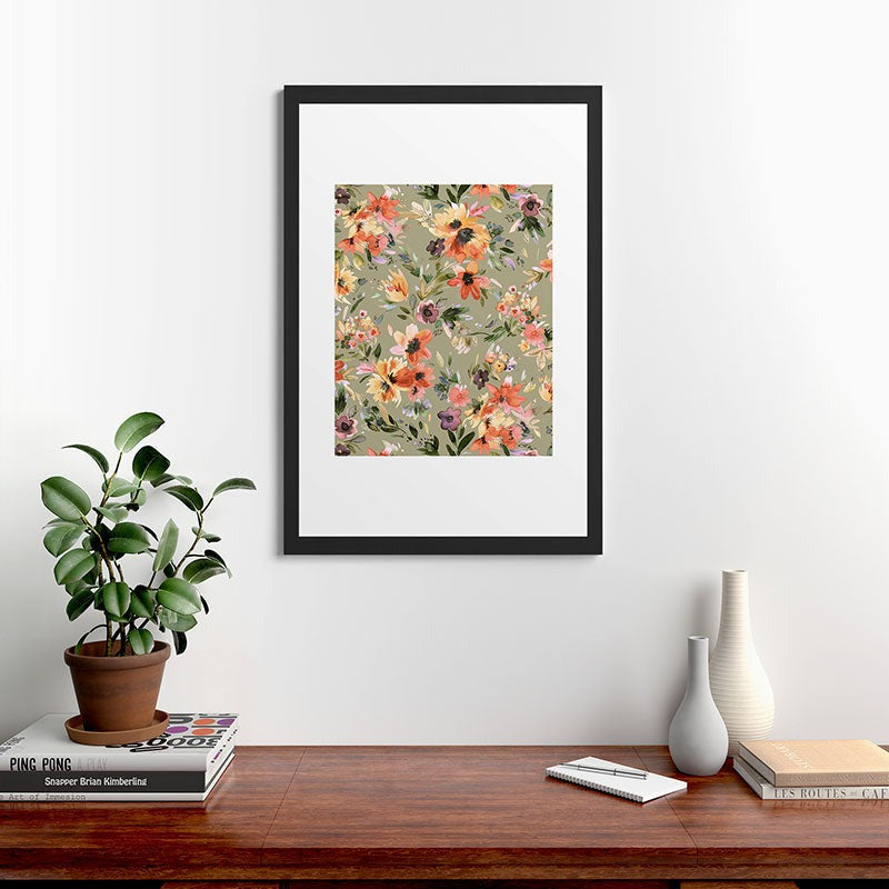 Ninola Design Botanic Retreat Painterly Tropical Flowers Sage Green Framed Art Print