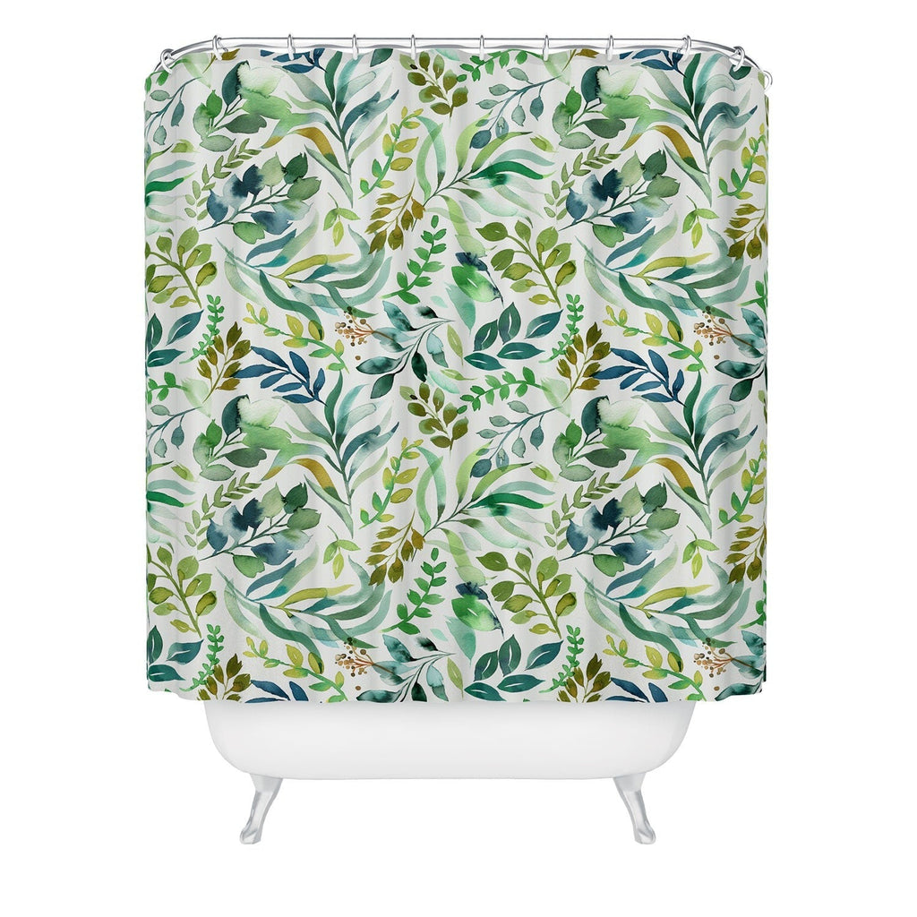 Ninola Design Botanic Retreat Loose Botanical Leaves Watercolor Green Shower Curtain