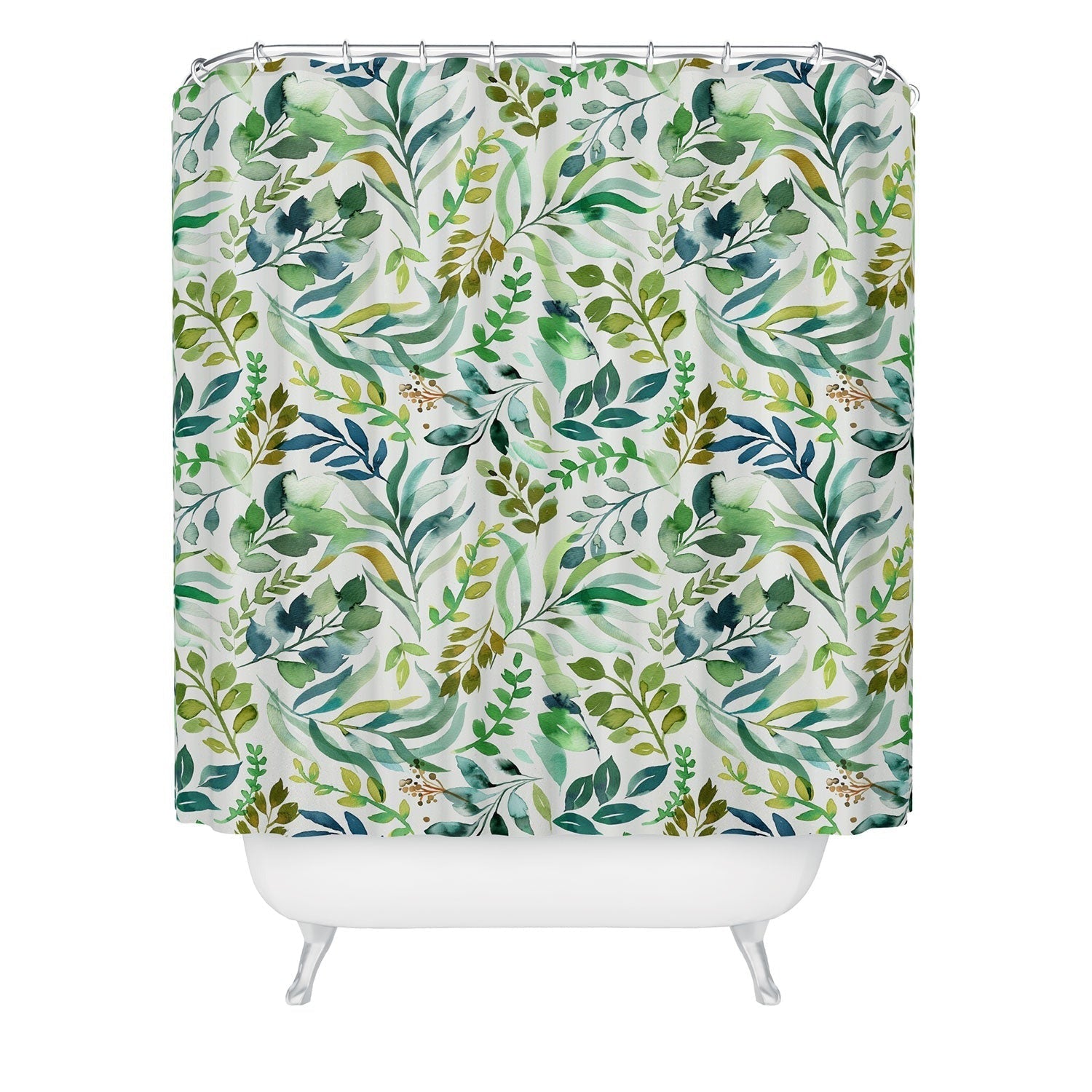 Ninola Design Botanic Retreat Loose Botanical Leaves Watercolor Green Shower Curtain