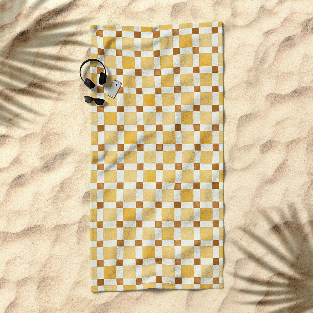 Ninola Design Everyday Artifact Checker Mosaic Tiles Geometry Yellow Beach Towel