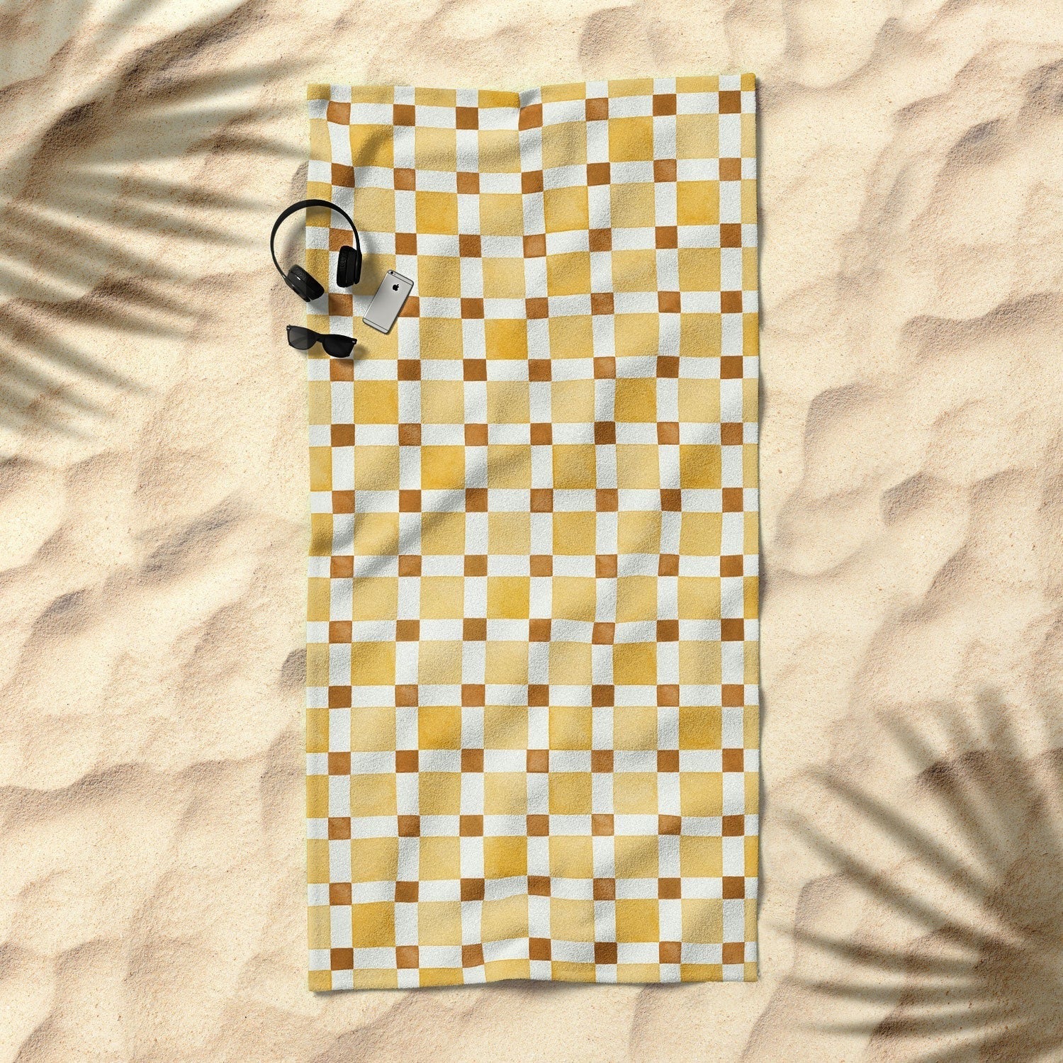 Ninola Design Everyday Artifact Checker Mosaic Tiles Geometry Yellow Beach Towel