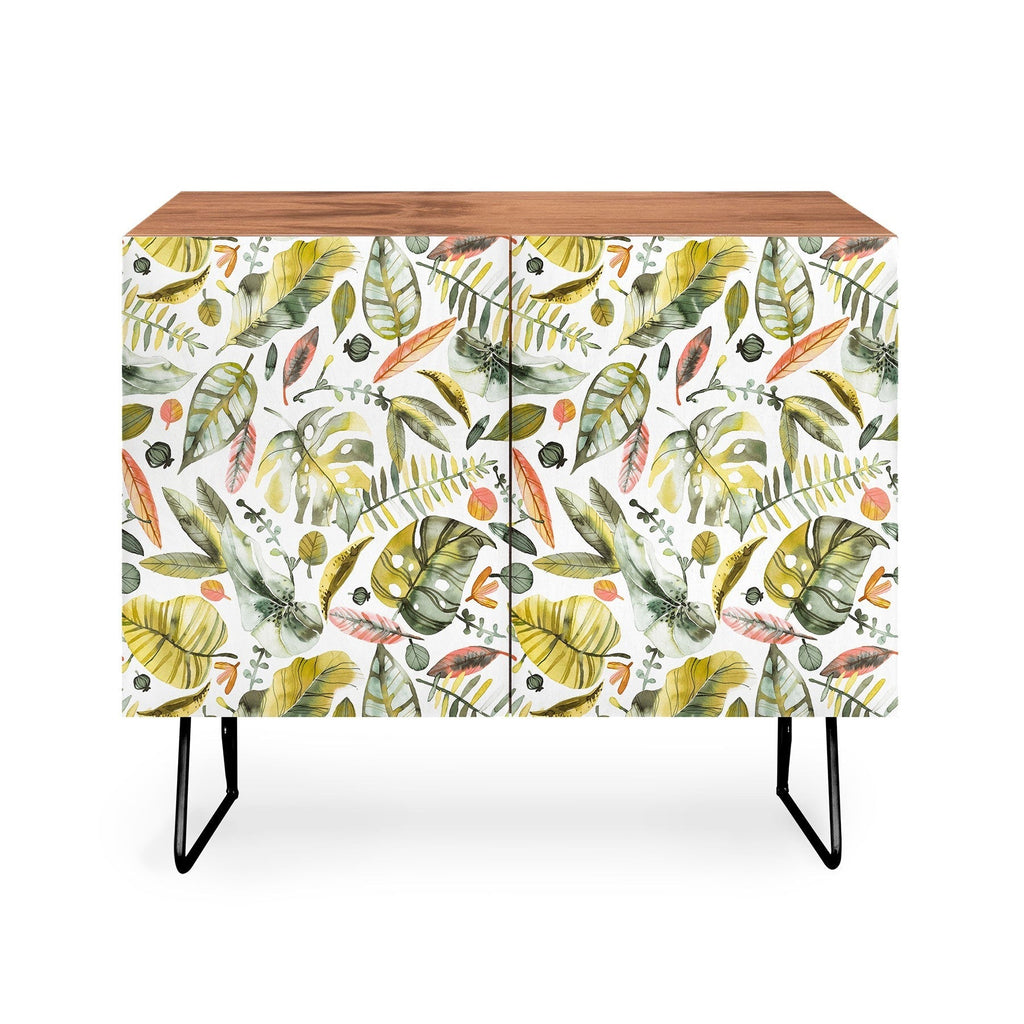 Ninola Design Botanic Retreat Tropical Jungle Leaves Botanical Green Orange Credenza