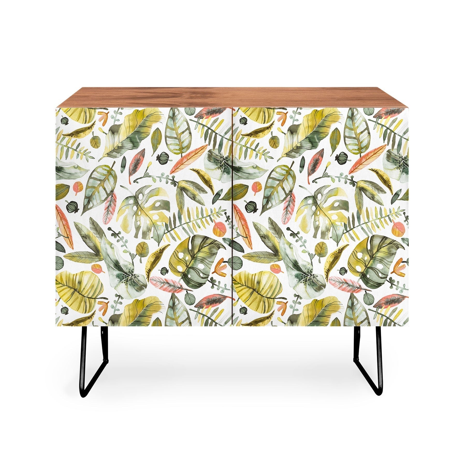 Ninola Design Botanic Retreat Tropical Jungle Leaves Botanical Green Orange Credenza