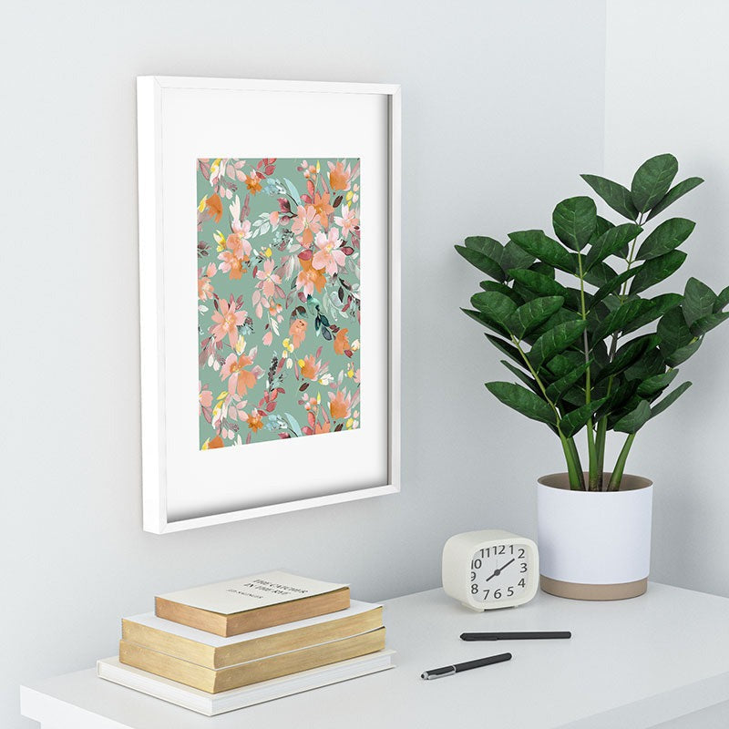 Ninola Design Botanic Retreat Floral Oleander Whimsical Teal Green Recessed Framing Rectangle