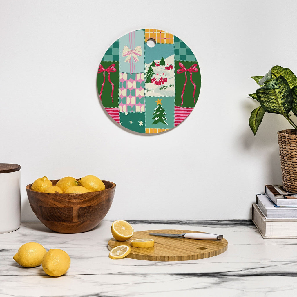 LouBruzzoni Cozy Christmas Patchwork Cutting Board Round