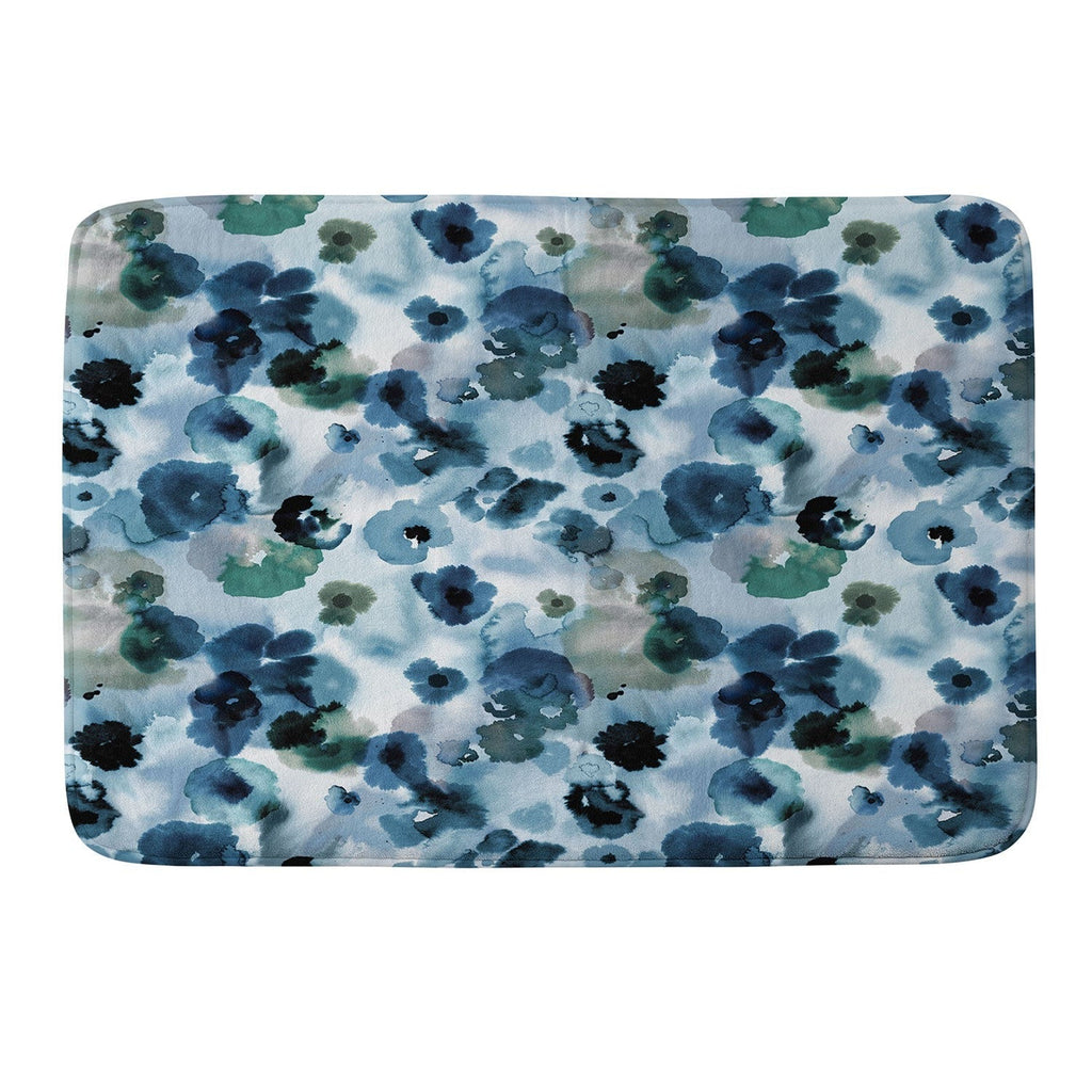 Ninola Design Botanic Retreat Ombre Abstract Watercolor Flowers Blue Navy Memory Foam Bath Mat