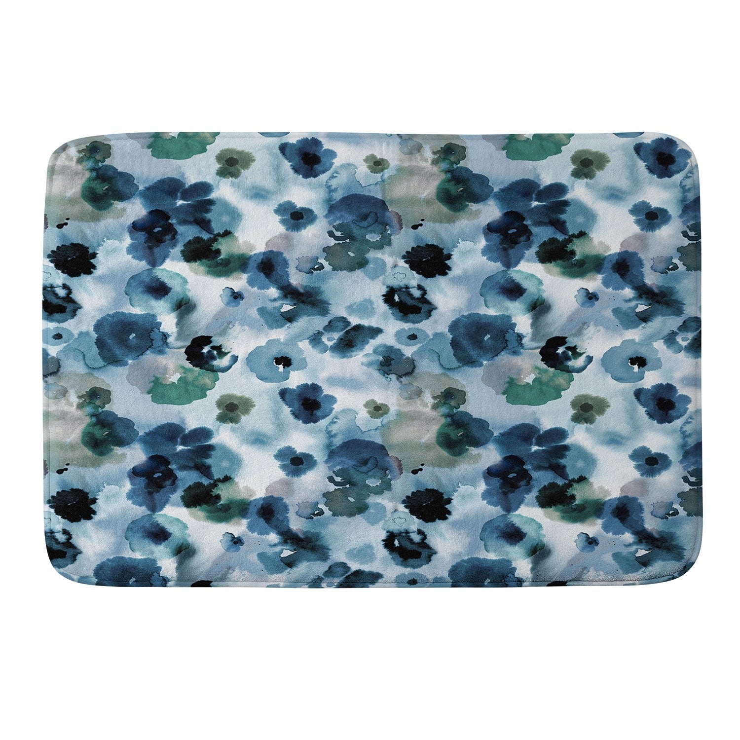 Ninola Design Botanic Retreat Ombre Abstract Watercolor Flowers Blue Navy Memory Foam Bath Mat