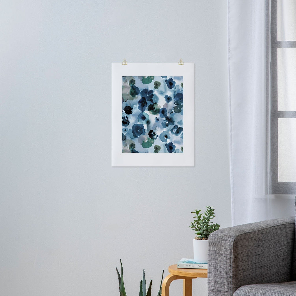 Ninola Design Botanic Retreat Ombre Abstract Watercolor Flowers Blue Navy Art Print