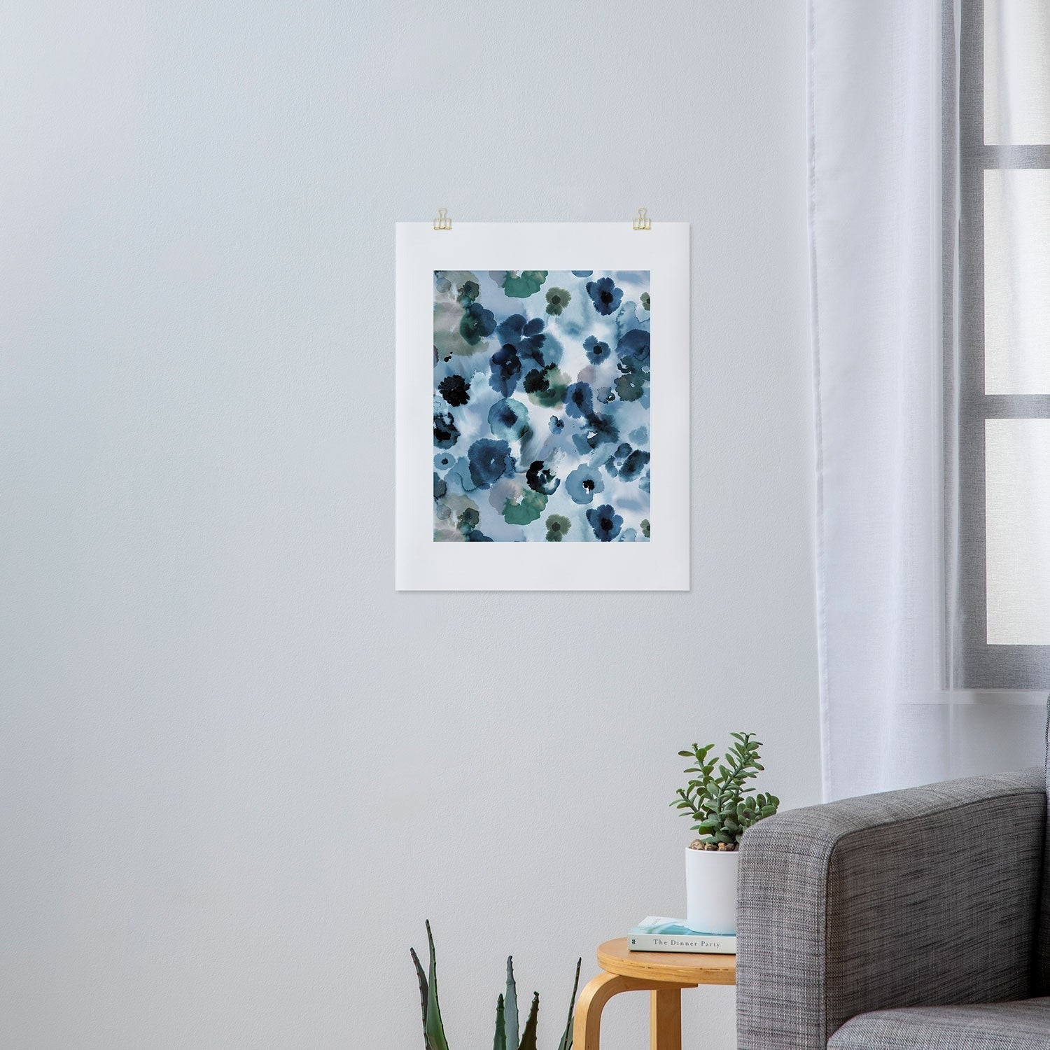 Ninola Design Botanic Retreat Ombre Abstract Watercolor Flowers Blue Navy Art Print