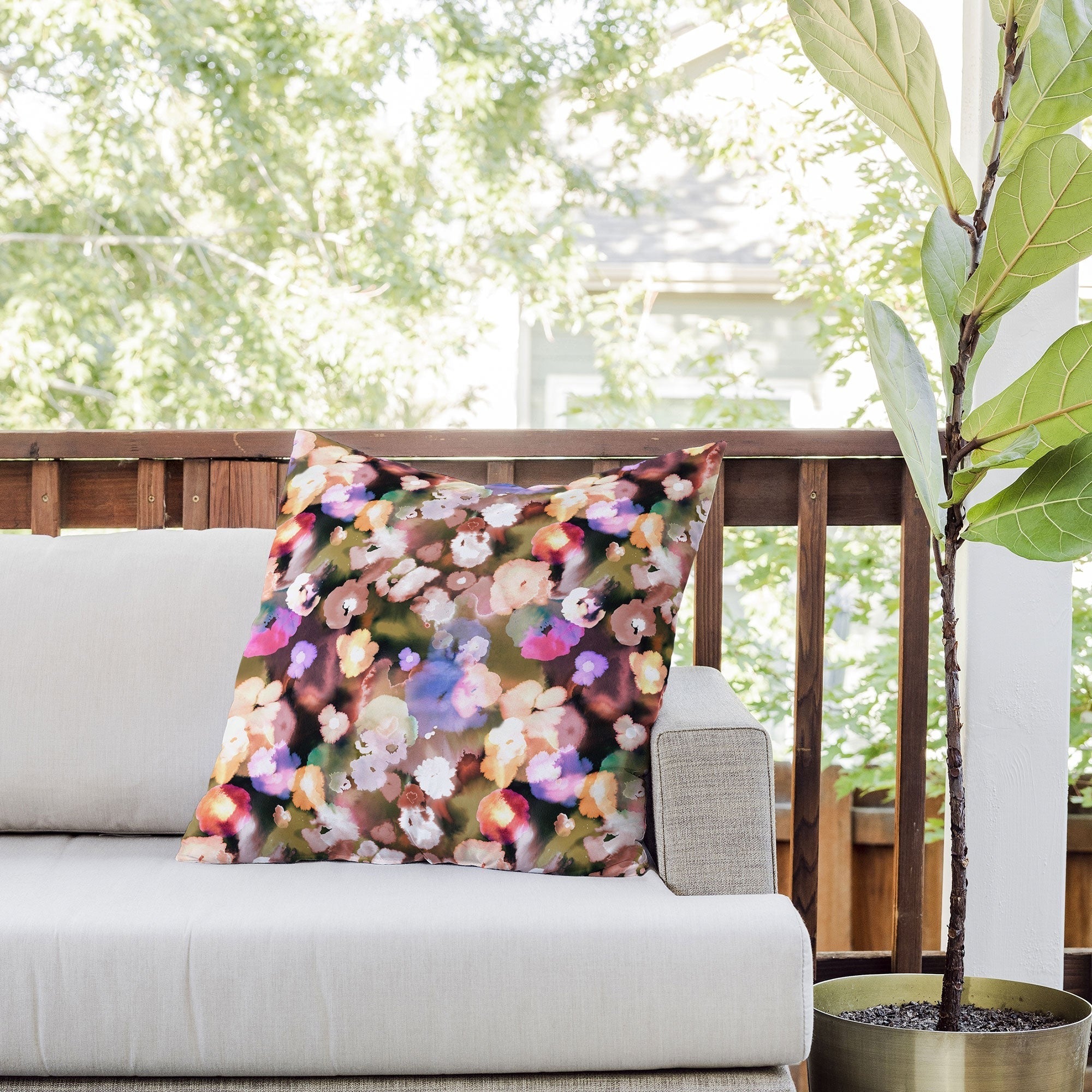 Ninola Design Botanic Retreat Ombre Abstract Watercolor Flowers Pink gold Outdoor Throw Pillow