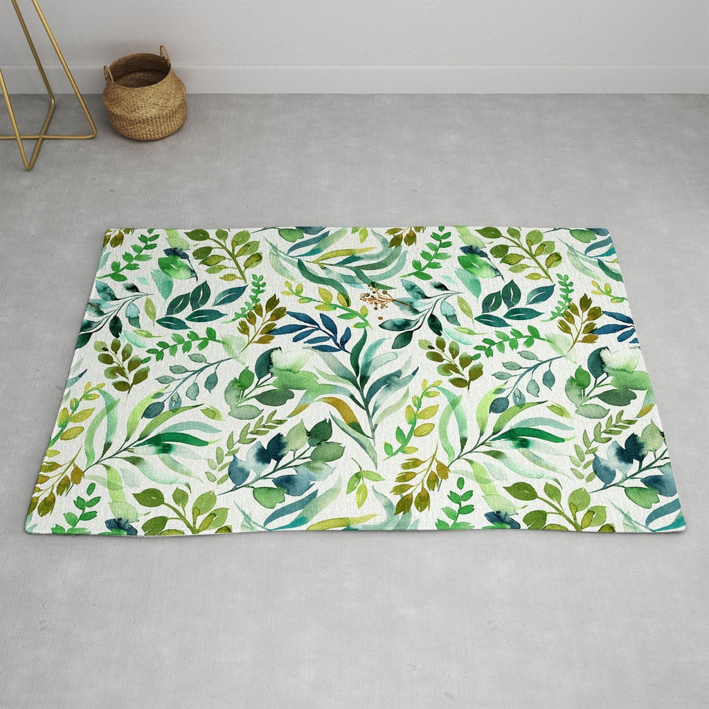 Ninola Design Botanic Retreat Loose Botanical Leaves Watercolor Green Area Rug