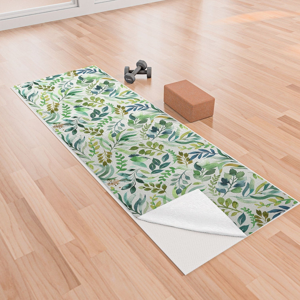 Ninola Design Botanic Retreat Loose Botanical Leaves Watercolor Green Yoga Towel