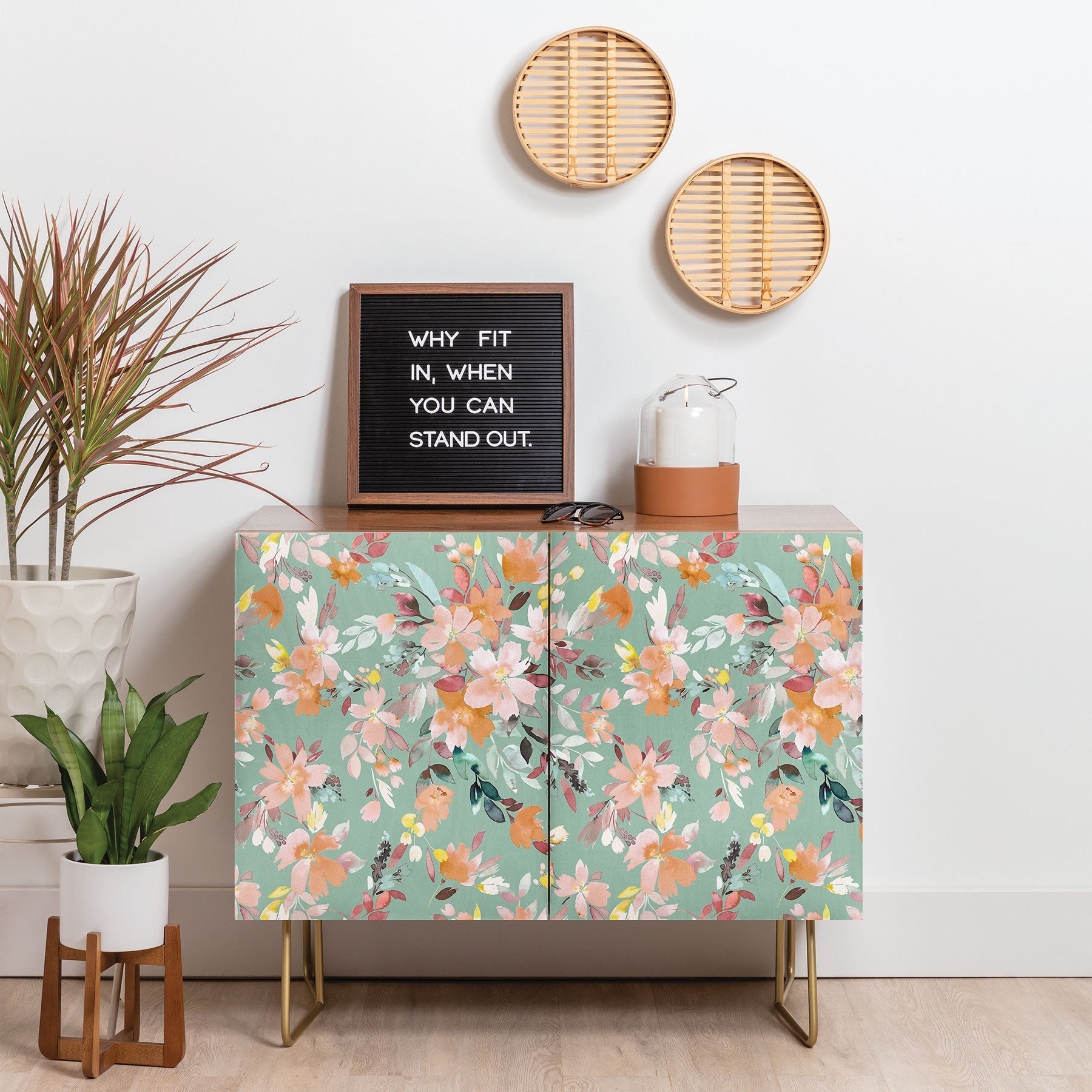 Ninola Design Botanic Retreat Floral Oleander Whimsical Teal Green Credenza