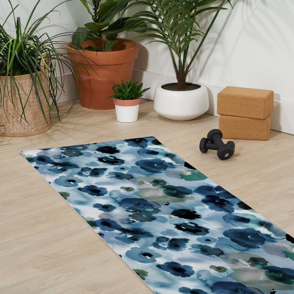 Ninola Design Botanic Retreat Ombre Abstract Watercolor Flowers Blue Navy Yoga Mat