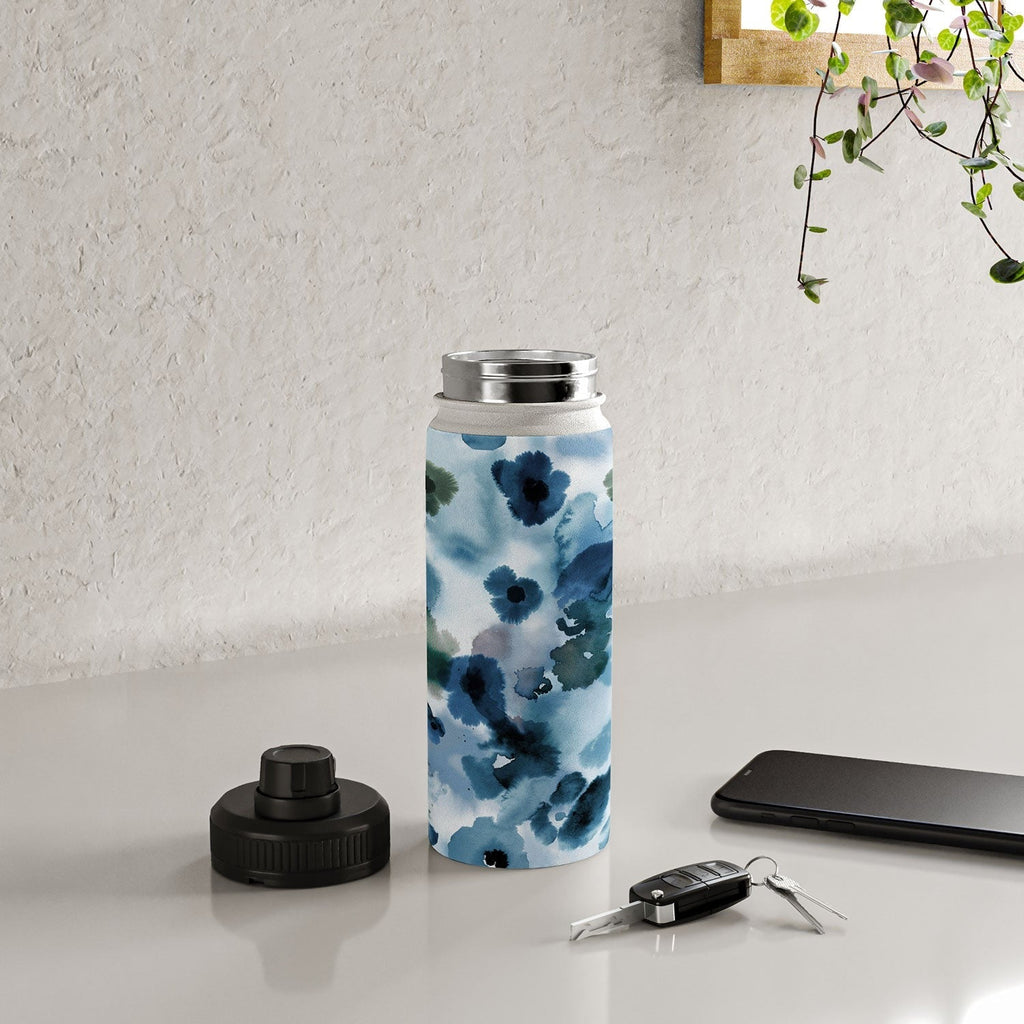 Ninola Design Botanic Retreat Ombre Abstract Watercolor Flowers Blue Navy Water Bottle