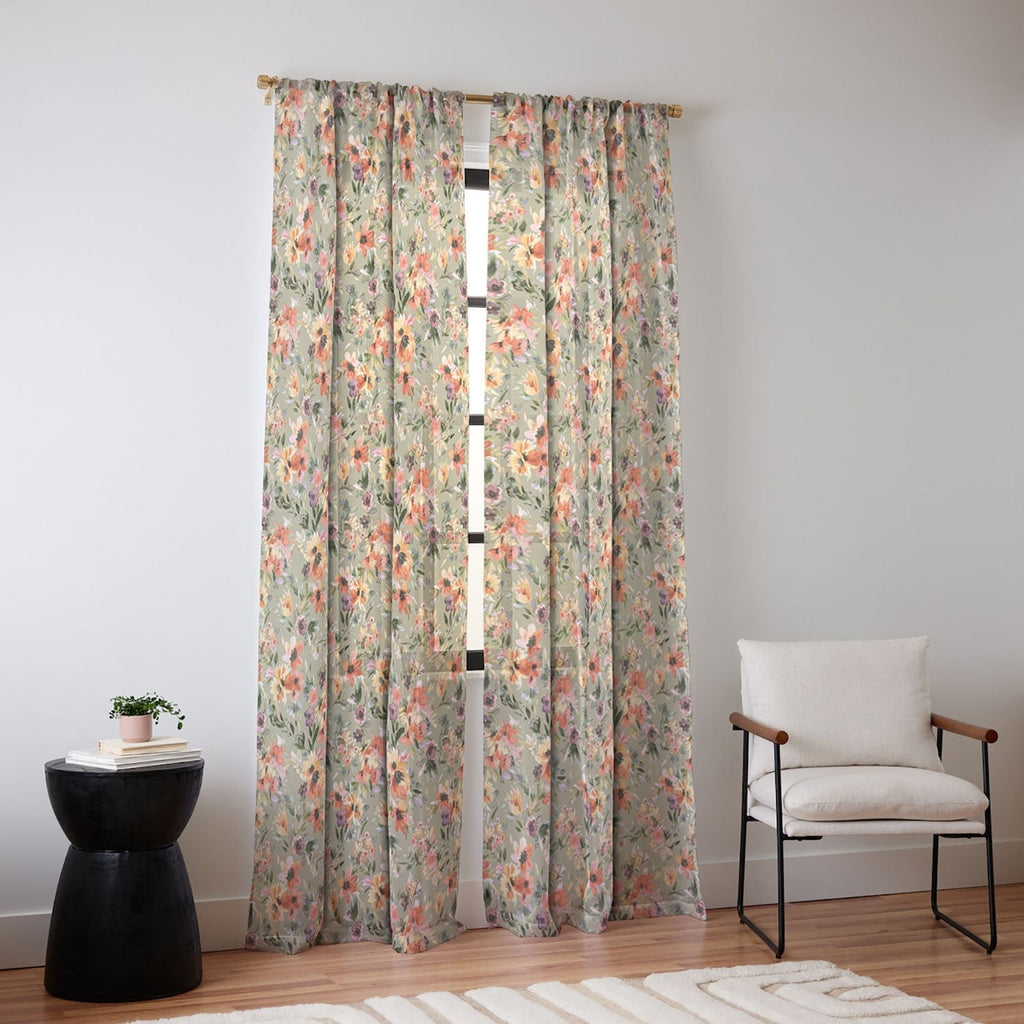 Ninola Design Botanic Retreat Painterly Tropical Flowers Sage Green Sheer Window Curtain